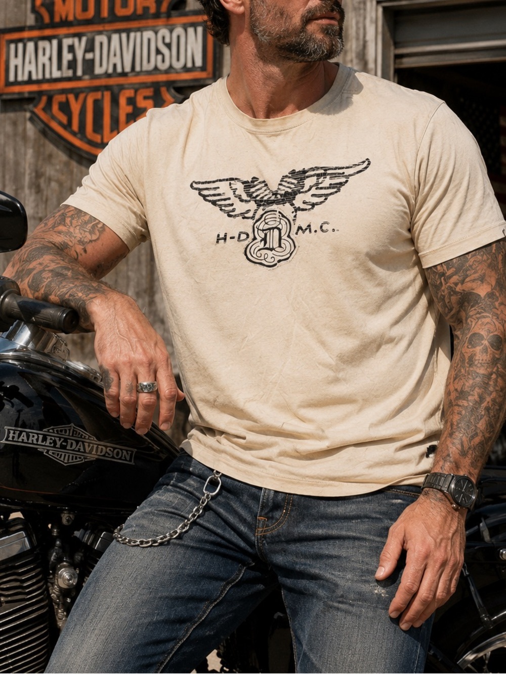 Harley-Davidson  3X Graphic Eagle H-D M.C. T-Shirt Beige Biker Mid 2000s Tee